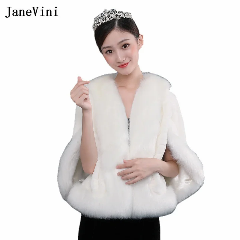 JaneVini Fourrure Blanche Weiß Faux Fur Wrap Winter Hochzeit Cape Braut Bolero Braut Hochzeit Mantel Formale Boleros Stolen Schals