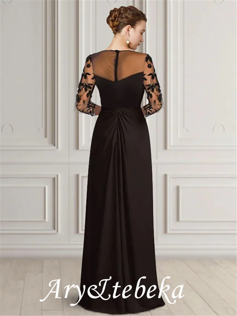 Sheath / Column Mother of the Bride Dress Elegant Jewel Neck Floor Length Chiffon Lace 3/4 Length Sleeve with Appliques 2021