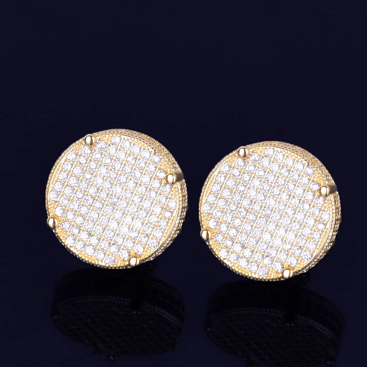 14MM Gold Color Big Round Stud Earring AAAA Cubic Zircon Screw Back Men\'s Earrings Fashion Hip Hop Jewelry