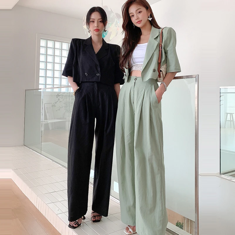 

Two-Piece Suit With Trousers NICE Pop Women's Summer Sexy Crop Top + High-Waist Wide-Leg Pants High-Quality Casual Linen Suit