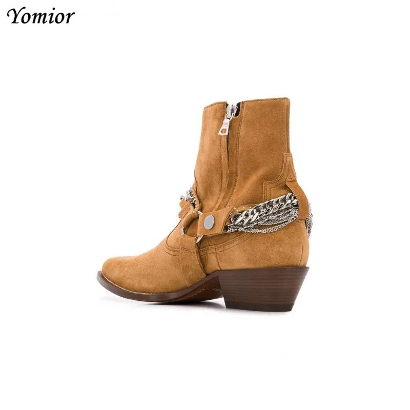 Yomior Spring Handmade Cow Leather Vintage Men shoes Fashion Brand Chain Tassel Ankle Boots High Quality Chelsea Boot Big Size