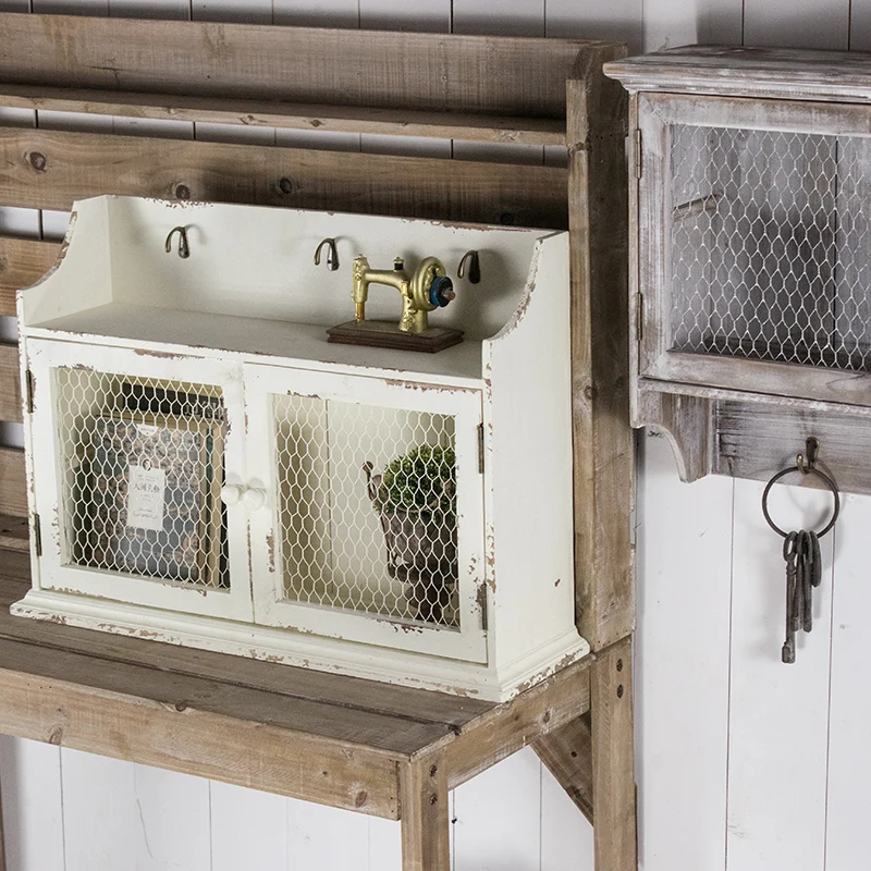 Rustic Antique Wood and Metal Wire Cabinet Two Doors