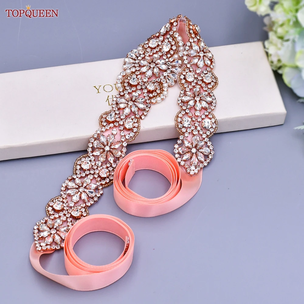 TOPQUEEN S161B-RG Bridal Dress Belts Rose Gold Rhinestones Applique Luxury Designer Women Evening Party Sash Wedding Accessories