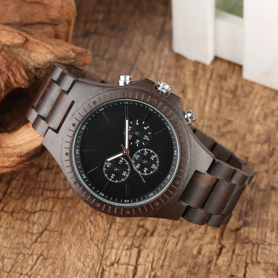 Montre à Quartz en bois pour hommes, chronographe créatif, montre-bracelet de luxe, affichage de 12 heures, cadeaux