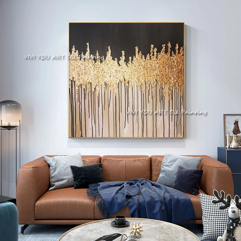 100%Handpainted Golden Black Blue Top Line Abstract Canvas Paintings Abstract Oil Painting Wall Picture Living Room Home Decor