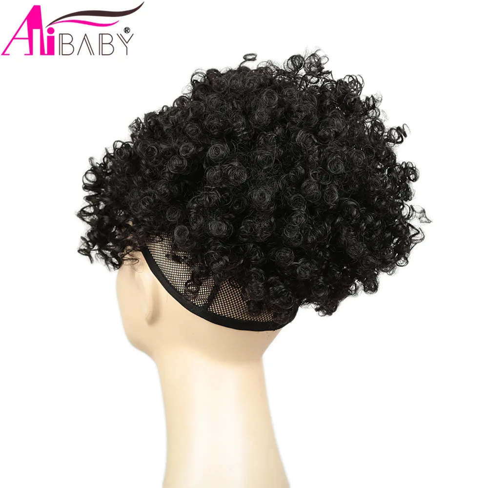 Alibaby-coleta con cordón sintético, extensiones de cabello Afro corto, Clip de cola de caballo con flequillo