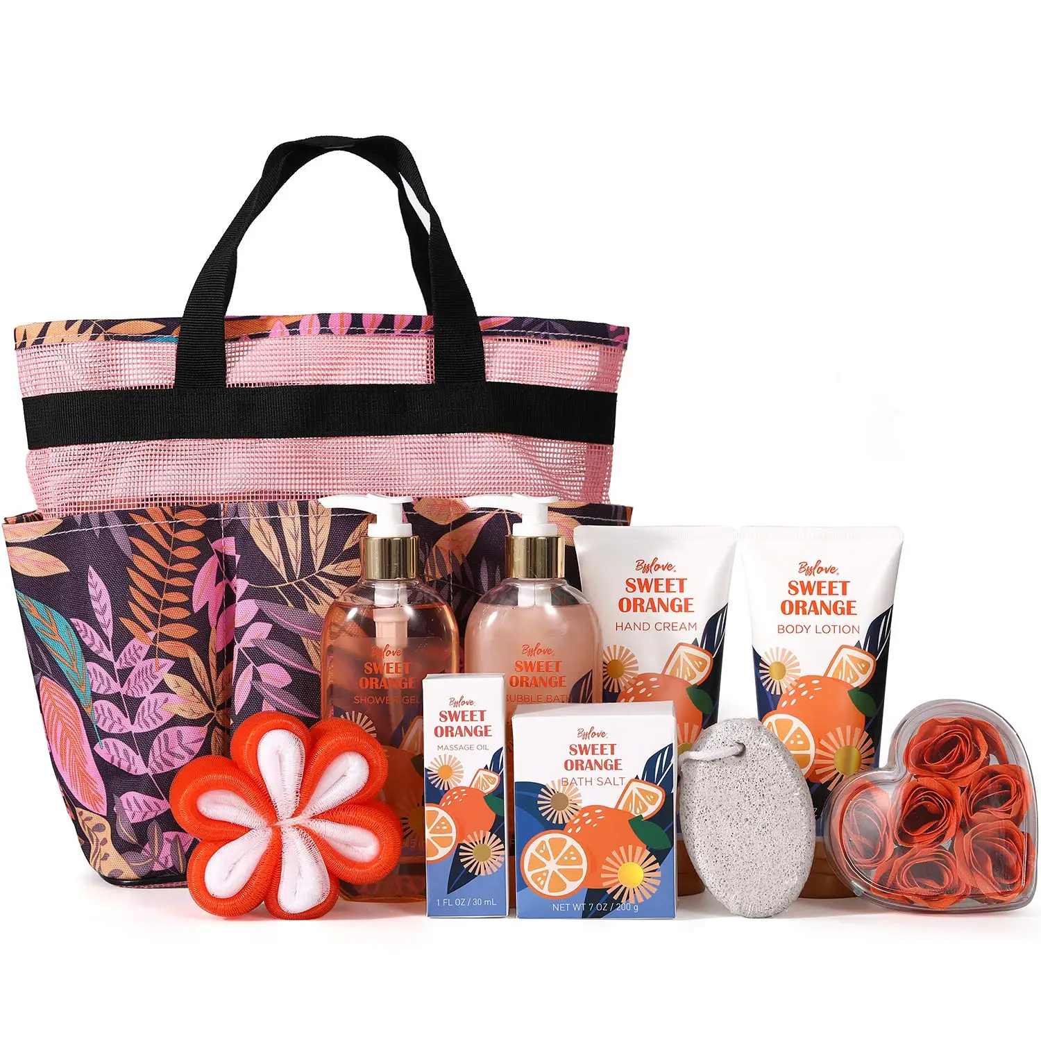 

Sweet Orange Spa Gift Basket, Luxury 10pcs Bath & Body Gift Set for Women, with Foot Pumices Stone, Massage Oil