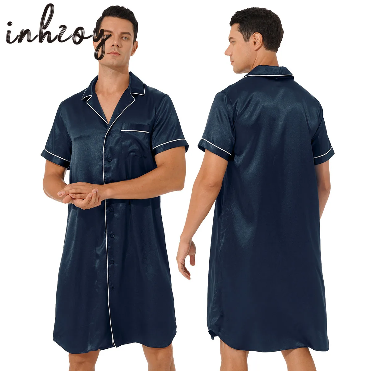 

Men Black Lounge Sleepwear Faux Silk Nightwear Comfort Silky Satin Pyjama Sleep Tops Button Down Dressing Gown Nightshirt