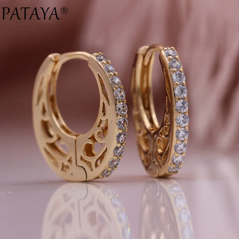 PATAYA New Hollow Circle Wedding Earrings 585 Rose Gold Color Natural Zircon Drop Earrings Women Party Fine Cute Fashion Jewelry