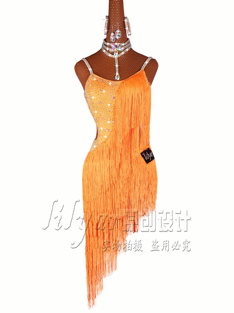 Latin Dance Competition Performance Glittering Rhinestone Adult Customized Orange Tassel Dance Skirt