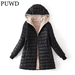 PUWD Women Mid-length Hooded Cotton Jacket 2022 Spring Lightweight Plush Lining Solid Ladies Parka Loose Female Zipper Outwear