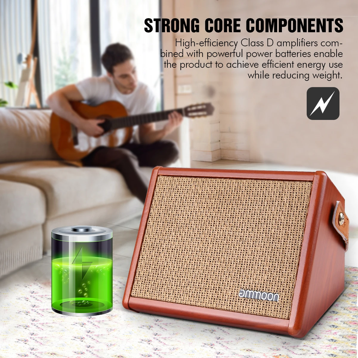 ammoon AC-15 15W Portable Acoustic Guitar Amplifier Amp BT Speaker with Microphone Input Supports Volume Bass Treble Control