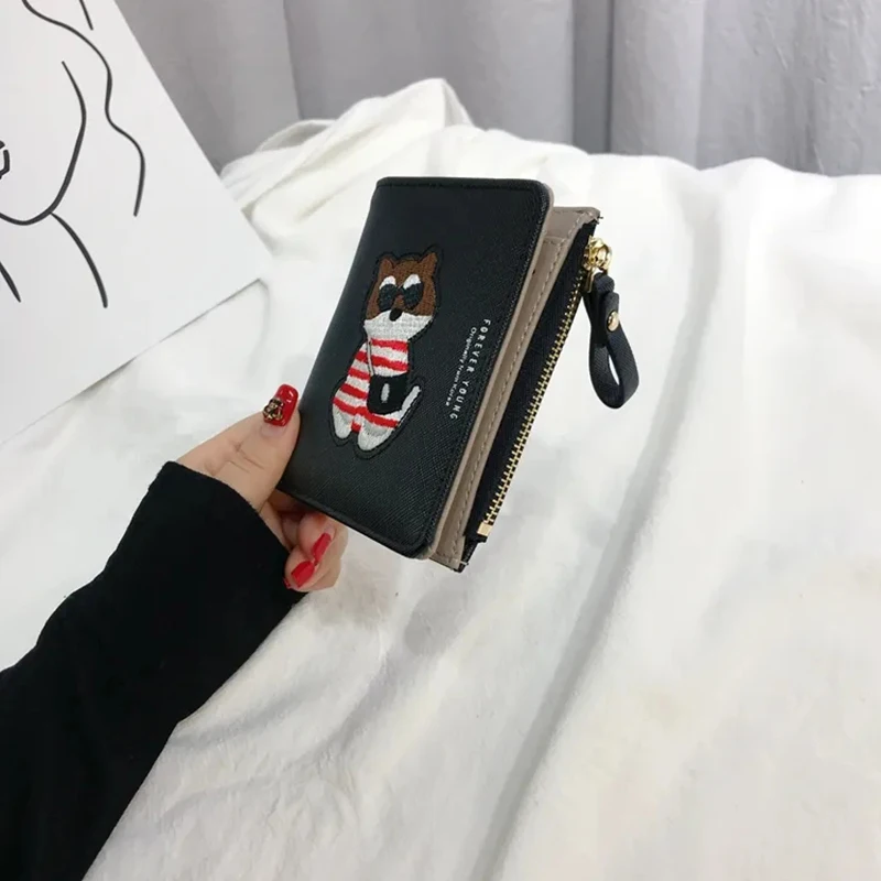 Embroidery Cat Women Short Wallet Zipper Coin Purse Short Women's Wallet Female Mini Card Holder Clutch for Girl Carteras Mujer