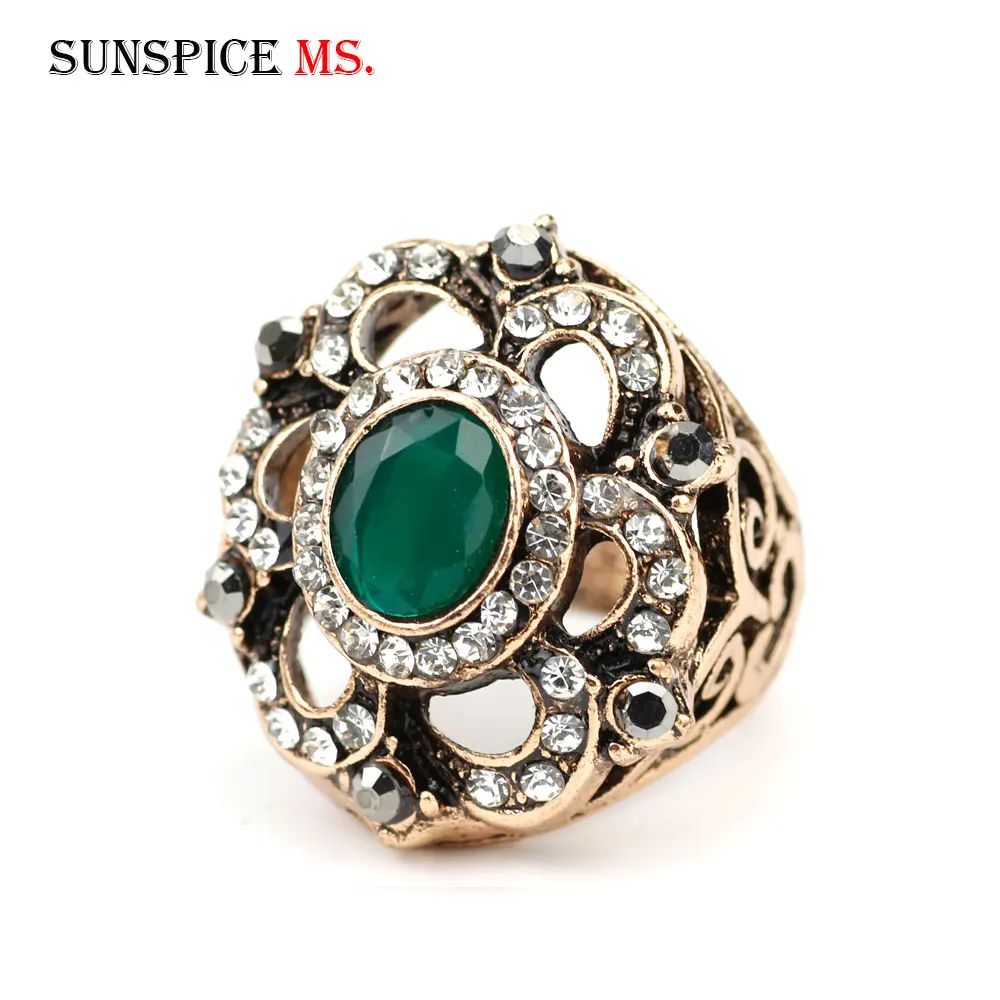 Retro Vintage Gray Crystal Ring Female Ethnic Party Jewelry Turkish Antique Gold Color Elegant Banquet Flower Ring