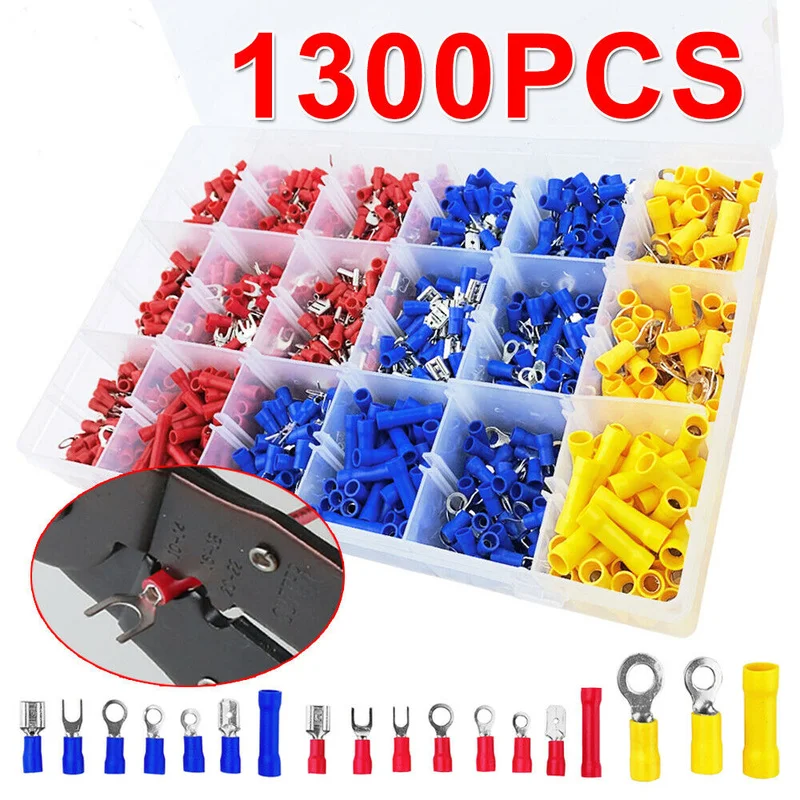 

1300PCS Terminals Electrical Wire Connector Kit Assorted Insulated Crimp Spade Set Iron Cold Press Terminal Combination