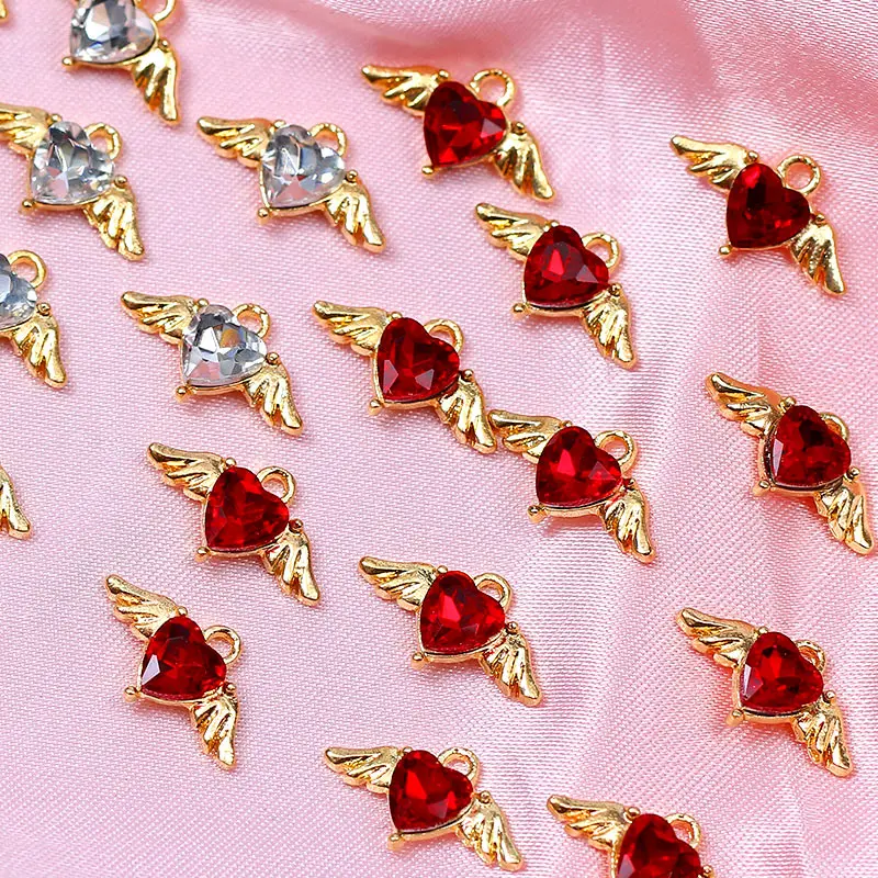 Hot Sale Mini Crystal Heart Wing Charms Pendant Metal Wings Hearts Pendants Wholesale For DIY Handmade Earring Accessories