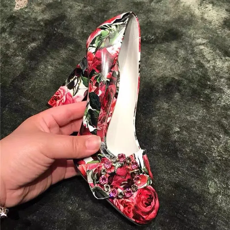 red rose flower printing Wedding Shoes Woman Luxury Round Crystal buckle High Heel Pumps Sposa Dress chunky Heels Shoes