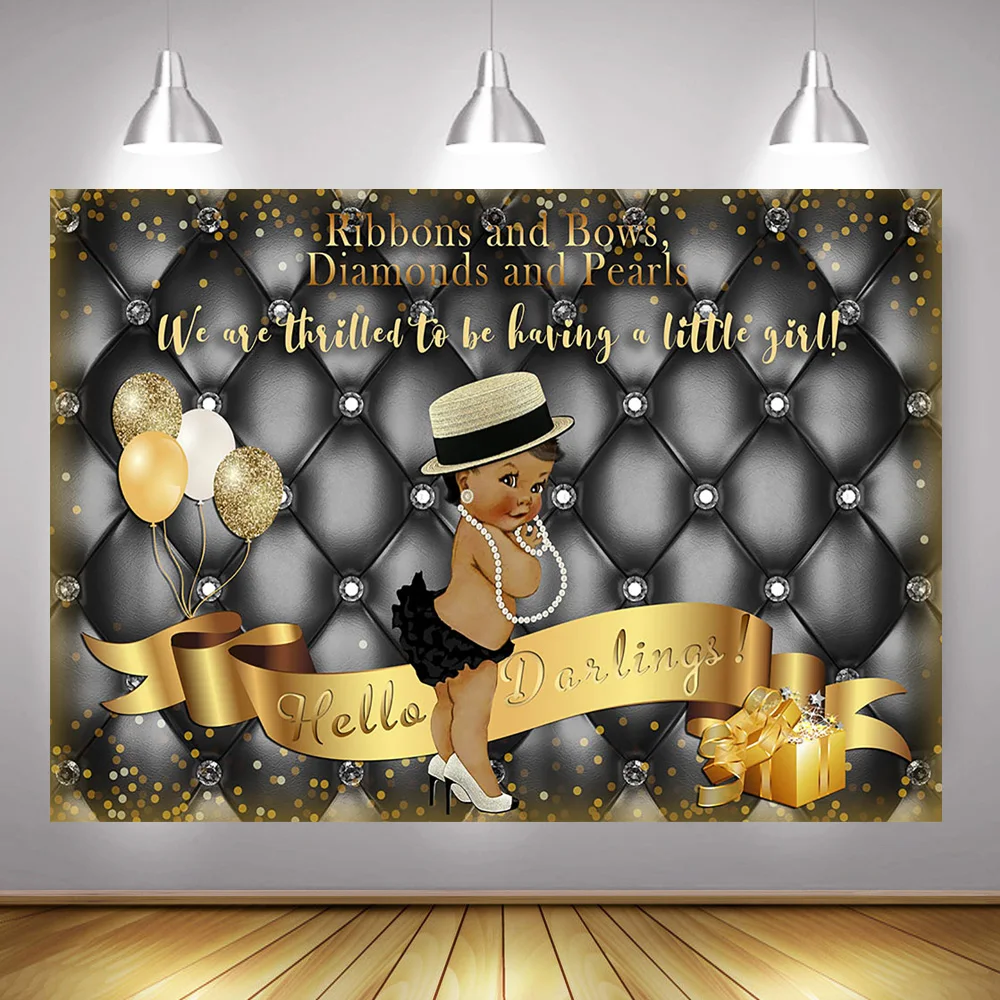 Meisje Baby Douche Achtergrond Linten En Strikken Diamanten En Peals Party Achtergrond Gift Pasgeboren Prinses Ballonnen Goud Zwart