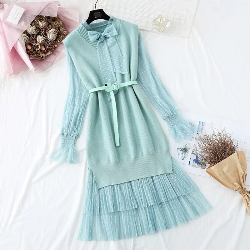 

Autumn Winter Women Dress Set 2020 New Knitted Pullover Sweater Dress+Cake pleated skirt Two-piece suit Elegant Ladies dress