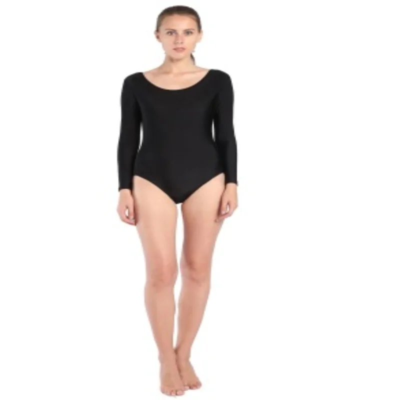 Women Adult Black White Shiny Metallic Leotard Long Sleeve Ballet Dancewear Spandex Leotards Bodysuit Gymnastics Costume Unitard