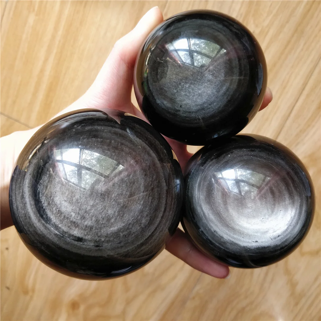 Top Quality Natural Silver Sheen Black Obsidian Crystal Spheres Reiki Healing Ball Business Gift Ward Off Evil Spirits Wicca