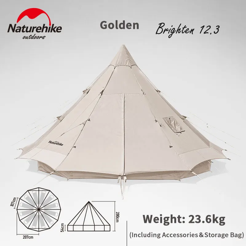 Naturehike Brighten 12.3 Camping Pyramid Tent Indian Tourist Tent 5-8 Persons Outdoor Party Garden Cotton Single Tower Tents