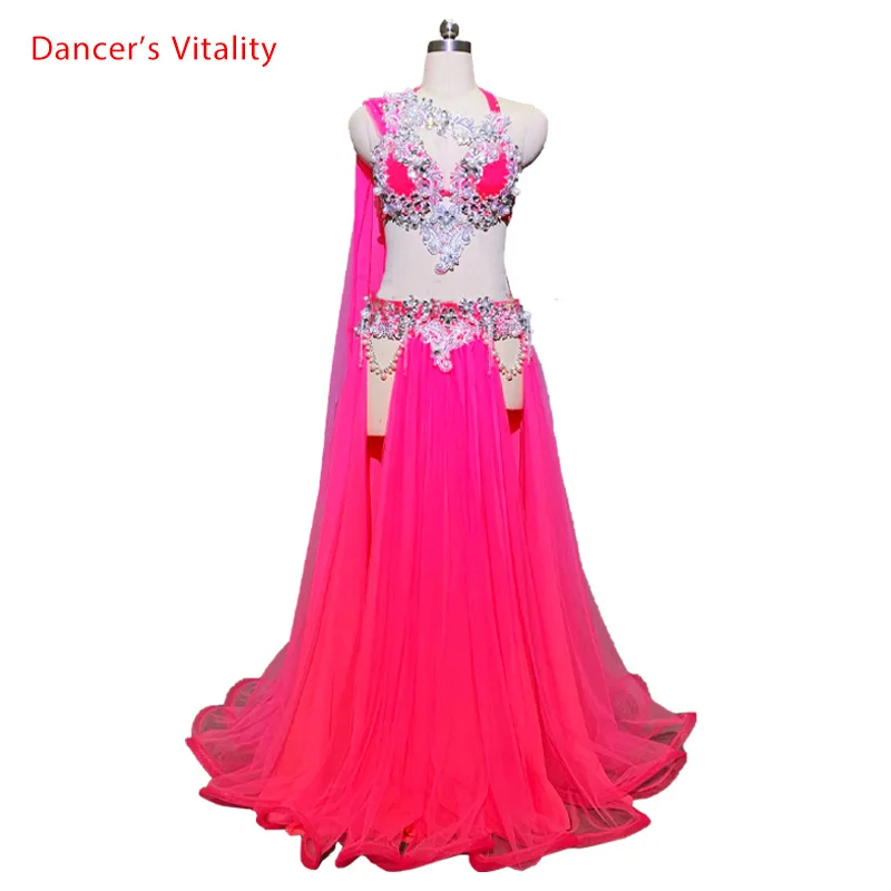 Customized Belly Dance Ribbon Bra Sexy Split Skirt Mesh Set Women Oriental Indian Drum Dance Group Competition Costume Stage Wea