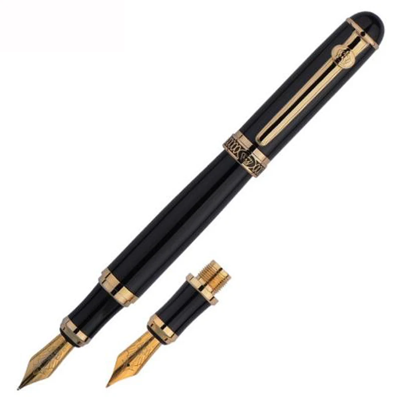 Duke D2 Classic Black / Golden Clip D2 Medium Nib Fountain Pen With 1PC Calligraphy Fude Bent Nib Interchangeable Set Stationery