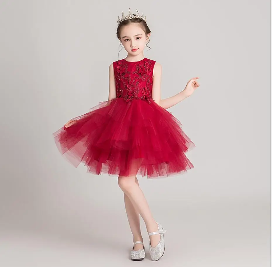 Red Tulle Girl Children Wedding Dress Appliques First Communion Formal long Lace Princess Prom Dress Party Girl Birthday Costume