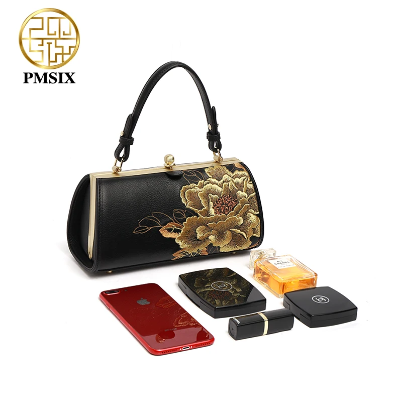 PMSIX Women Genuine Leather Handbag Fashionable Embroidery Real Leather Shoulder Bag Classical Tote Crossbody Bag 2020