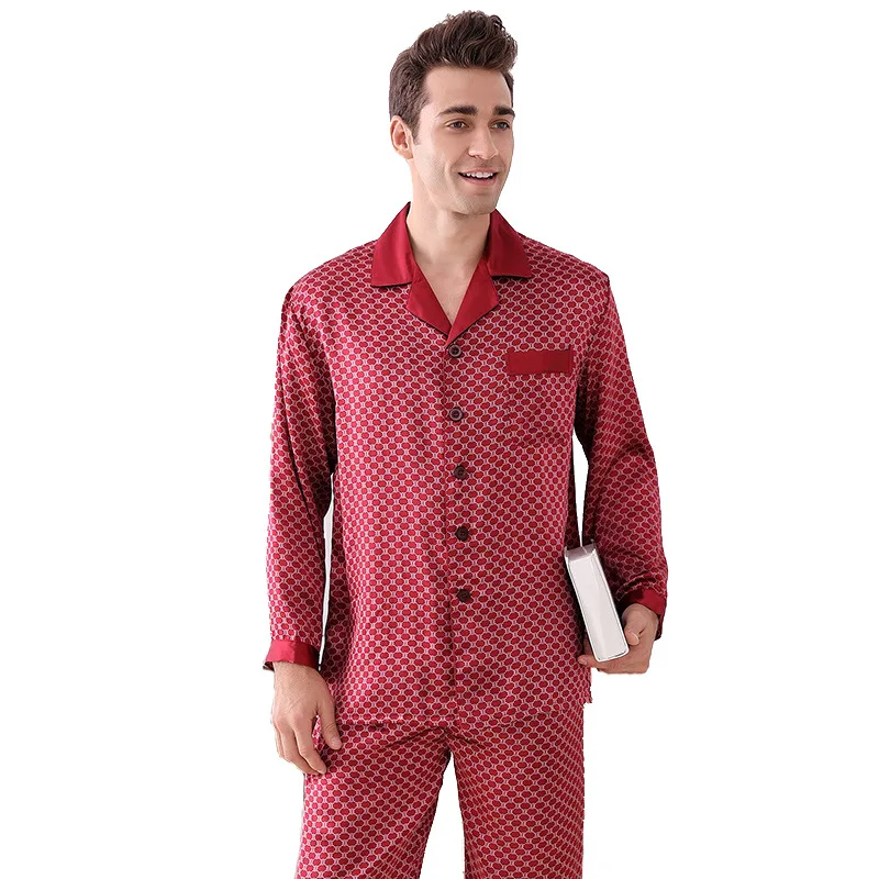 Kupokasi Summer Men Pajamas Plus Size Silk Pajamas Two-piece Suit Luxury Mulberry Silk Pajamas Plaid Home Service Sleep Wear