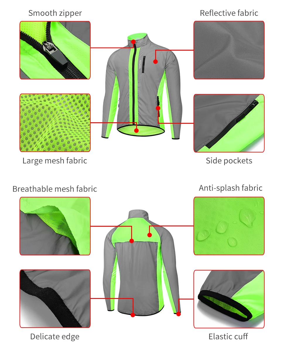 WOSAWE High Visibility Cycling Jacket Windproof Night Glowing Running Waterproof Reflective Bike Jacket Men Winter Windbreaker