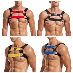 Jockmail marca men elástico corpo peito arnês sexy bondage lingerie com braçadeira alças de ombro perna anel clubwear estágio traje