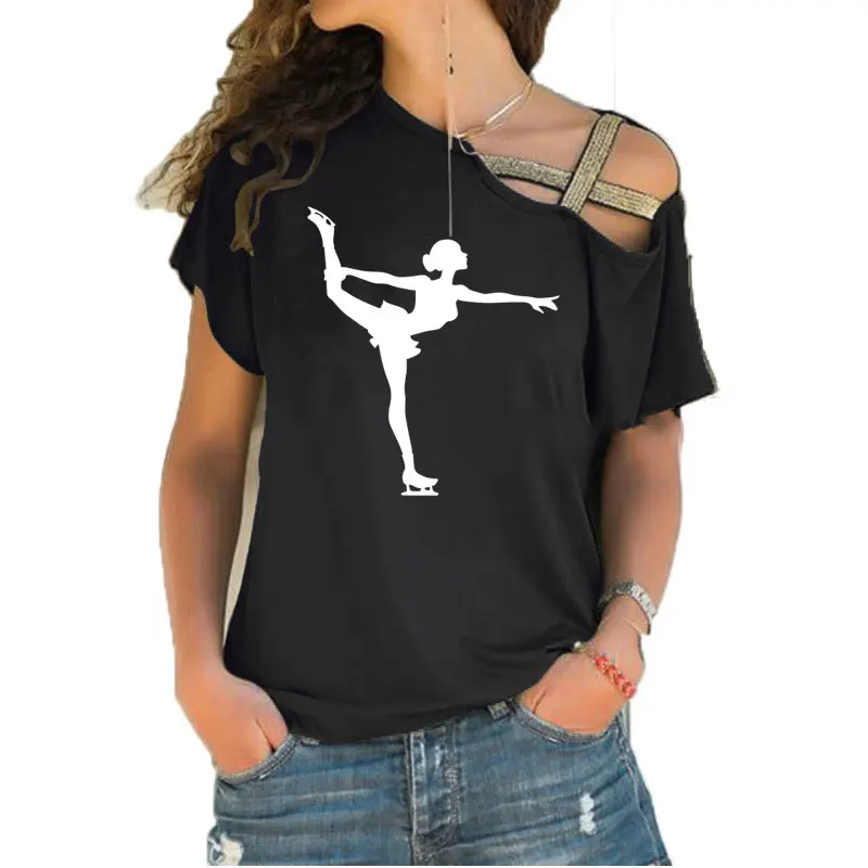 2020 Fashion Figure Skating Decor Funny  printed Cotton Irregular Skew Cross Bandage Tshirt