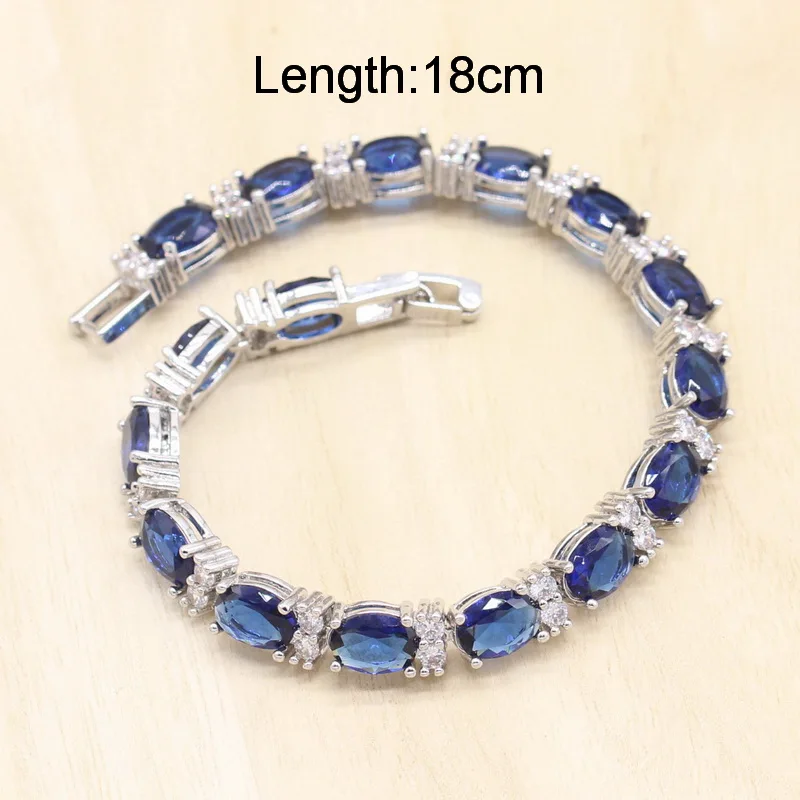 Oval Royal Blue Semi-precious Women Silver Color Jewelry Sets with Bracelet Necklace Pendant Earrings Ring Birthday Gift