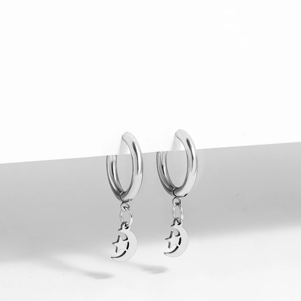 Punk Silver Color stainless steel Heart Cross Hoop earrings for Women Men Trendy Star Moon Lightning Pendant Earrings Jewelry