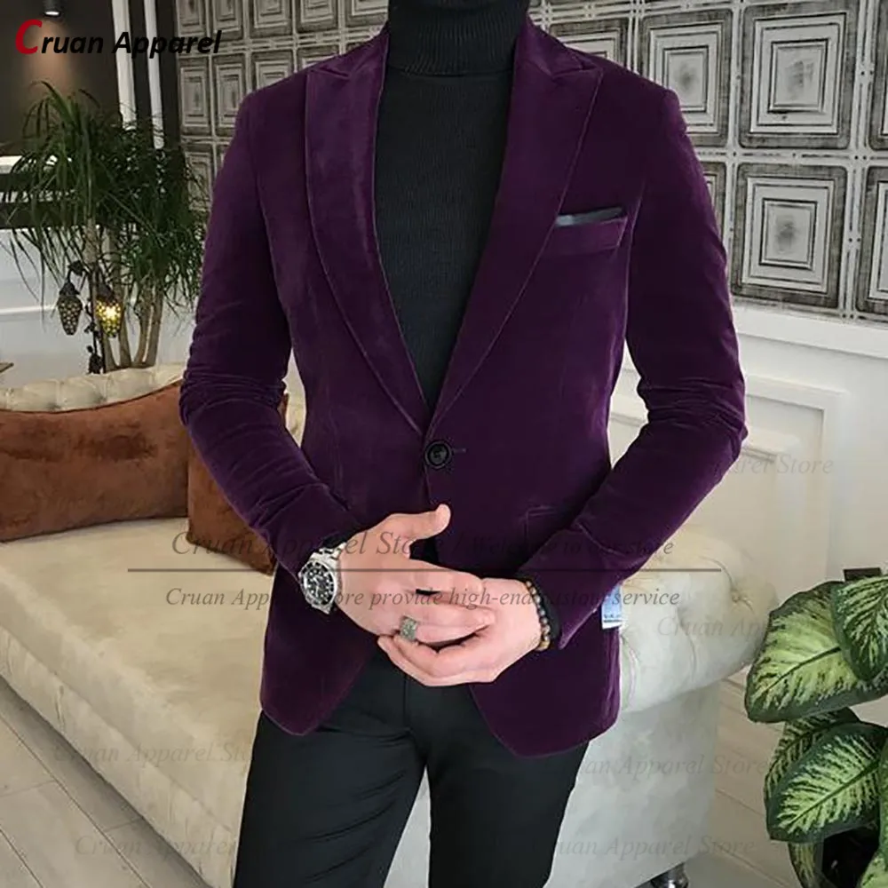 

(One Blazer) Classic Purple Velvet Mens Blazers Slim fit Wedding Groomsman Groom Suit Jacket Formal Peak Lapel Coat Tuxedo Tops