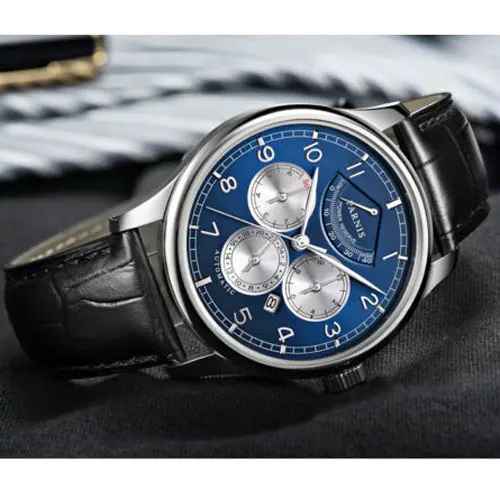 Parnis 26 Jewels Luxury 42mm Moon Phase Automatic Men Watches Leather Strap Miyota 9100 Blue DIal Power Reserve