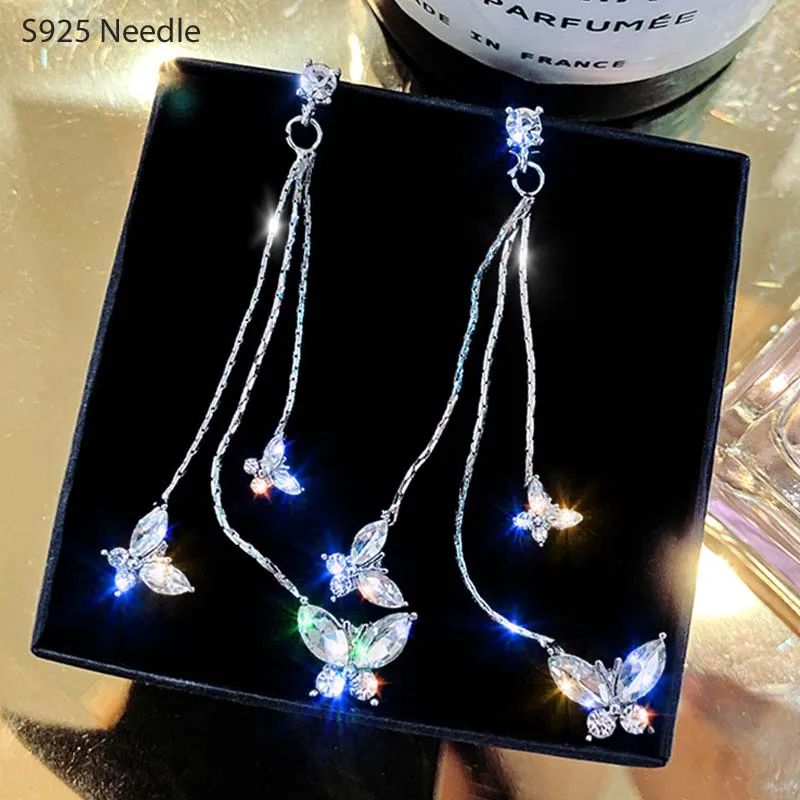 925 Sterling Silver Needle Long Dangle Earrings for Women Jewelry Butterfly Cubic Zircon Gold Female Drop Tassel Earrings Bijoux