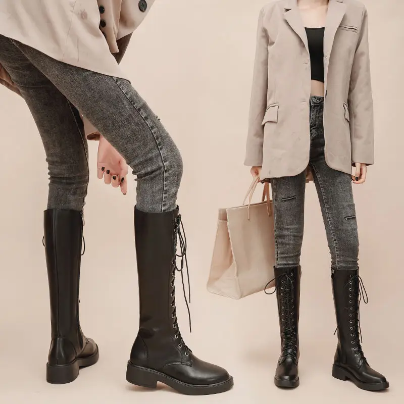 2020 Fashion INS High Boots Woman Knights Knee Boots Thicken Plush Women Winter Shoes British Style Block Heel Lace-up Footware