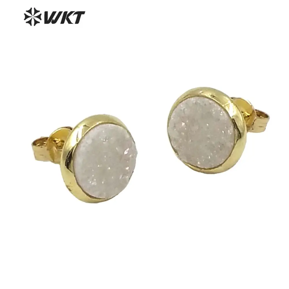 

WT-E344 WKT Wholesale Custom Natural Druzy Stone Earrings Round Earring With Gold Electroplated For Fashion Jewelry Marking