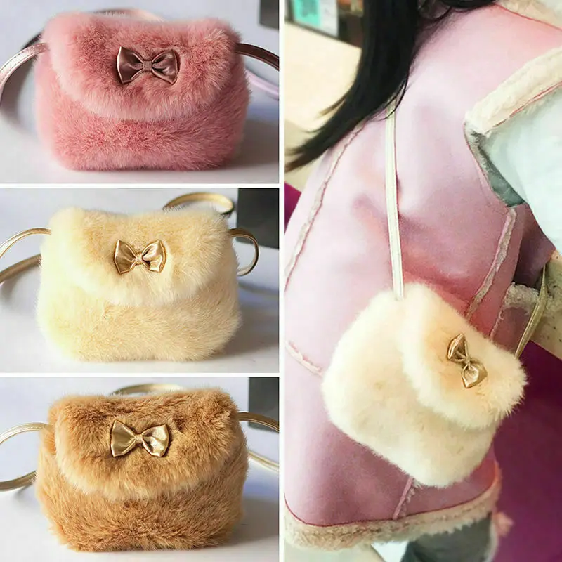 5 Colors New Girls Kids Purse Bowknot Mini Artificial Fur Children Handbags Cross Body Comfortable Cute Children Handbag