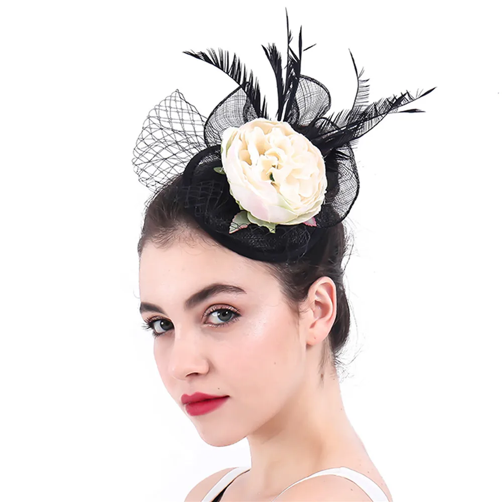 Vintage Black Sinamay Hat Feather Fascinator Wedding Hair Accessories Bridal Beige Silk Flower Hats Cocktail Hat Party Headwear