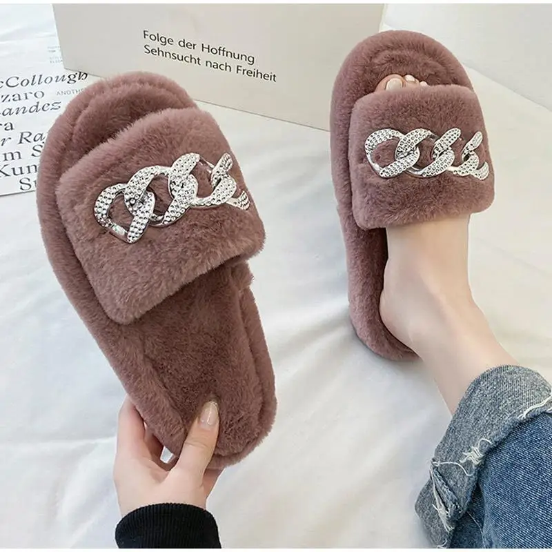

Women Slippers Fur Winter Shoes Home Chain Warm Flat Shoe Autumn Elegant Fluffy Plus Size Elegant House Female Footwear 2021 New