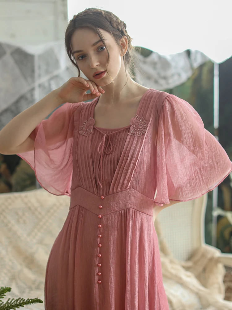 LYNETTE'S CHINOISERIE Summer New Arrivals Original Design Women Vintage Mori Girls Beading Pleated Pink Slim Dresses