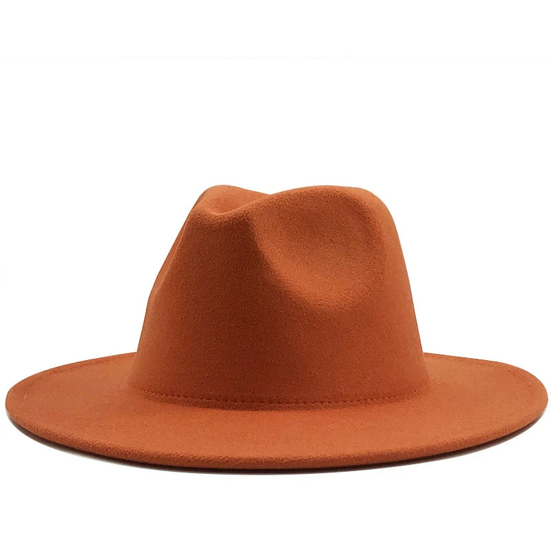 Sombreros Fedora de fieltro de lana azul para hombres y mujeres, sombrero de fieltro de Jazz con hebilla de Cinturón fino, gorra Trilby de Panamá de ala ancha, exterior Simple, naranja, 56-58-60CM