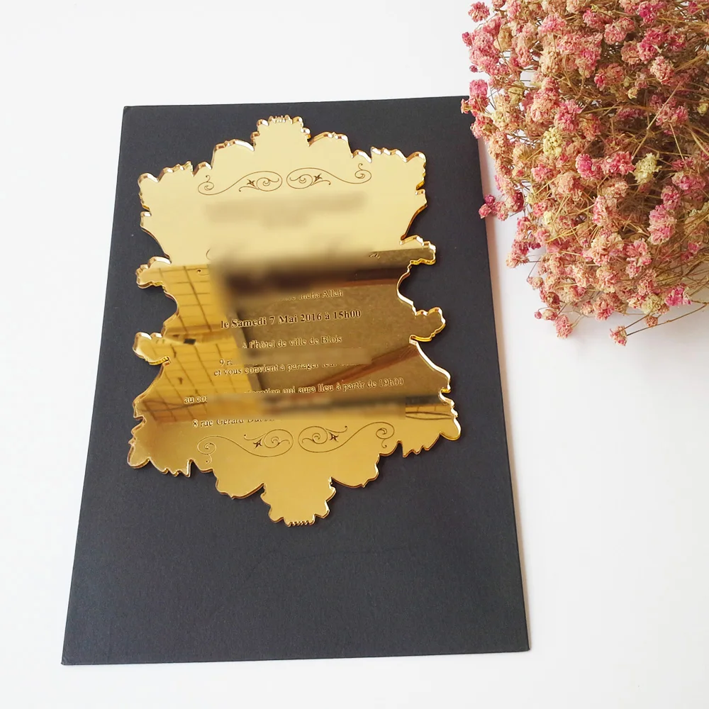 Sample order for 5*7inch vintage leaf shape golden mirror acrylic wedding invitation card