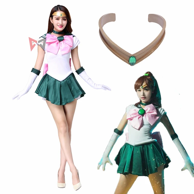 Athemis Anime Sailor Makoto Kino Sailor Jupiter Kostium Cosplay Szyty na Miarę Sukienka Rękawiczki Kokardy Gumki do Włosów Opaska na Głowę Dla Dorosłych