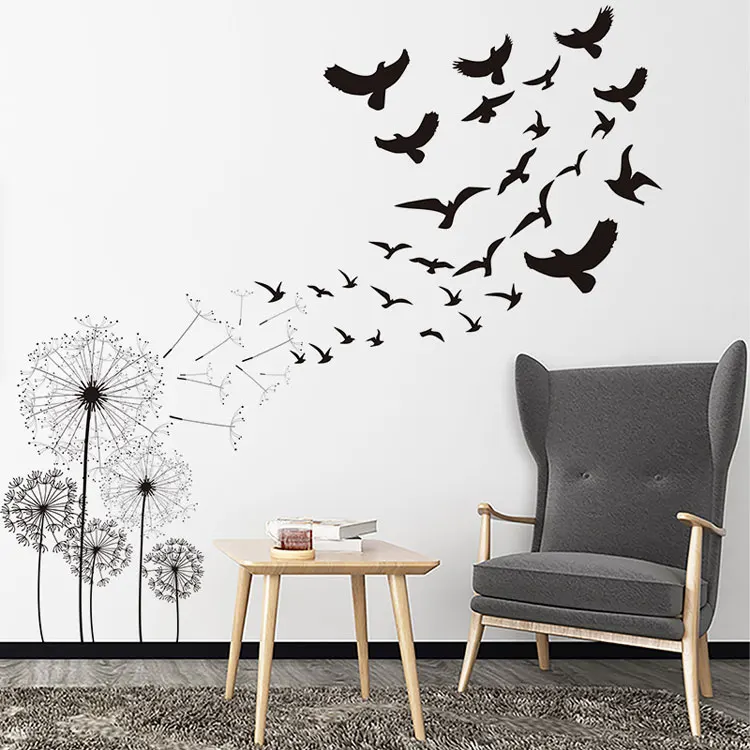 Kreative Wandsticker mit Motiven von Löwenzahn und fliegenden Vögeln, zur Dekoration von Wohnzimmern, als Hintergrund für Sofas, als Wandbild, für Schlafzimmer und zur Gestaltung von Wohnräumen, abnehmbare Tapete. – Detail 4