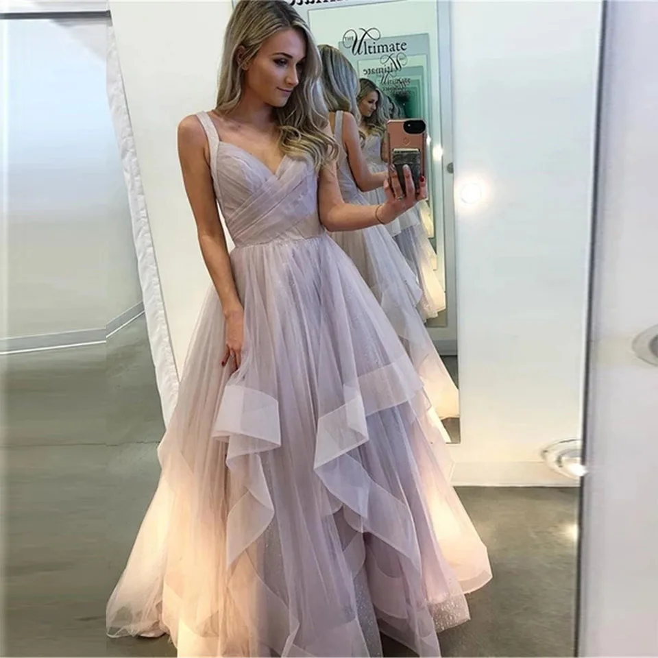 Floor-Length Formal Dresses Sleeveless Prom Party Gown Tulle Evening Dress A Line V-Neck Spaghetti NONE Train Custom Plus Size